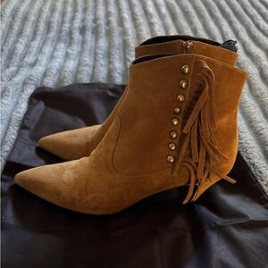 Saint Laurent Tan Suede Ankle Booties with Fringe